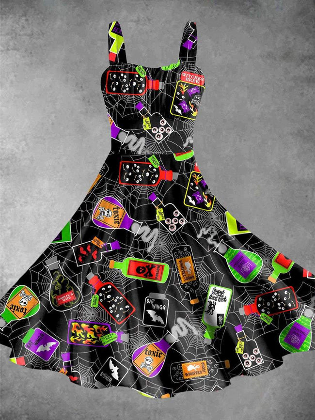 Vintage Halloween Medicament Print Backless Dress