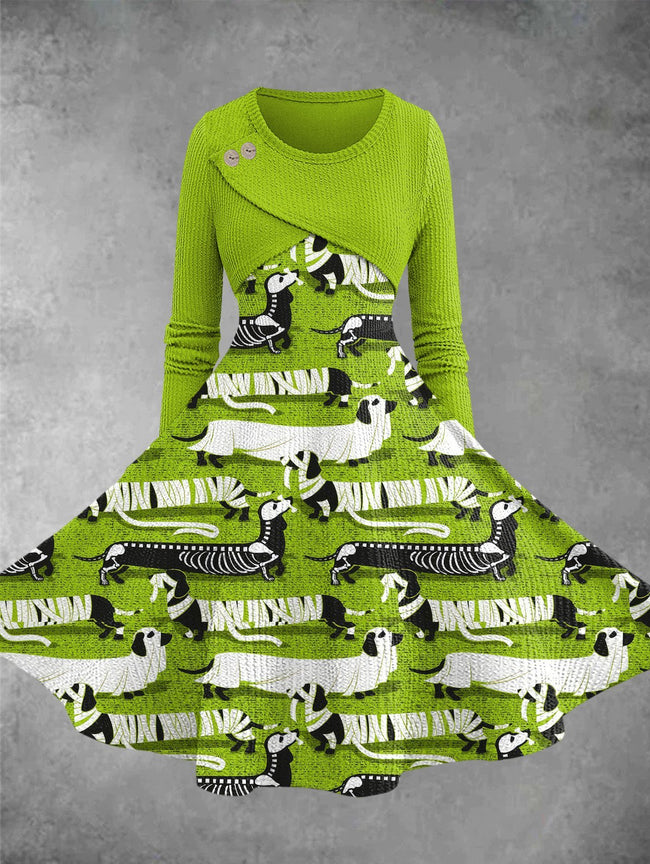 Women's Vintage Spooktacular Long Dachshunds Print Knitted Fake-Two Dresses