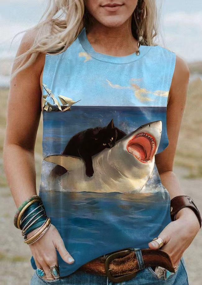 Vintage Funny Shark and Cat Print Tank Top