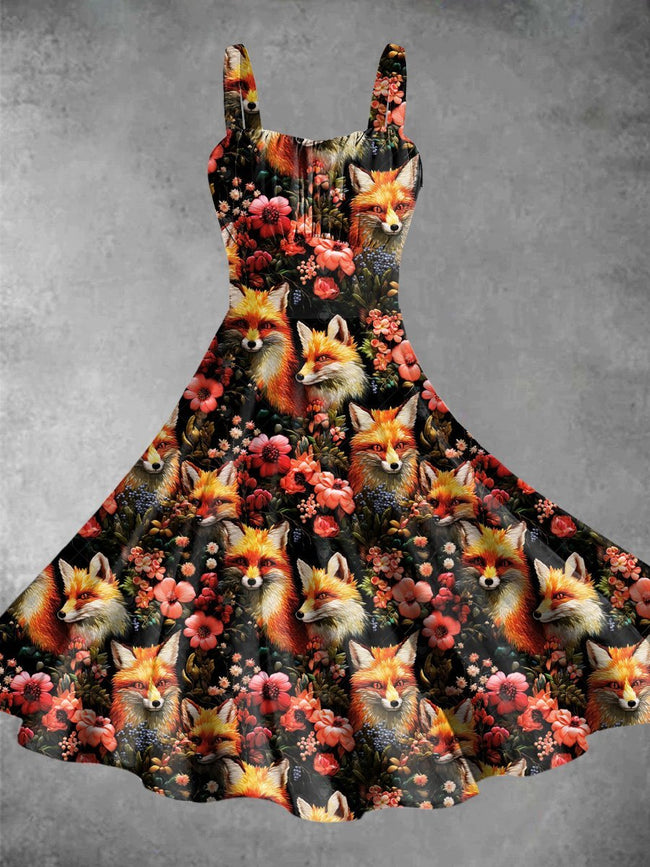 Vintage Cute three-Dimensional Fox Print Backless Dress