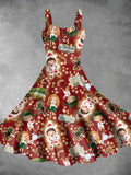 Women's Vintage Christmas Boy and Girl Print Two-Piece Dress