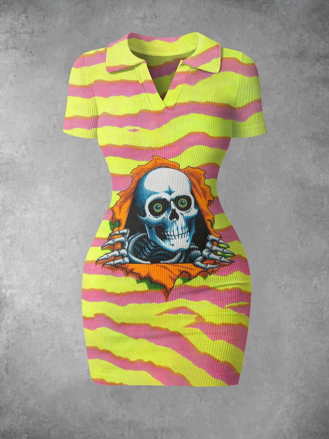 Women's Vintage Skull Probe Halloween Print Ribbed Bodycon Mini Dress