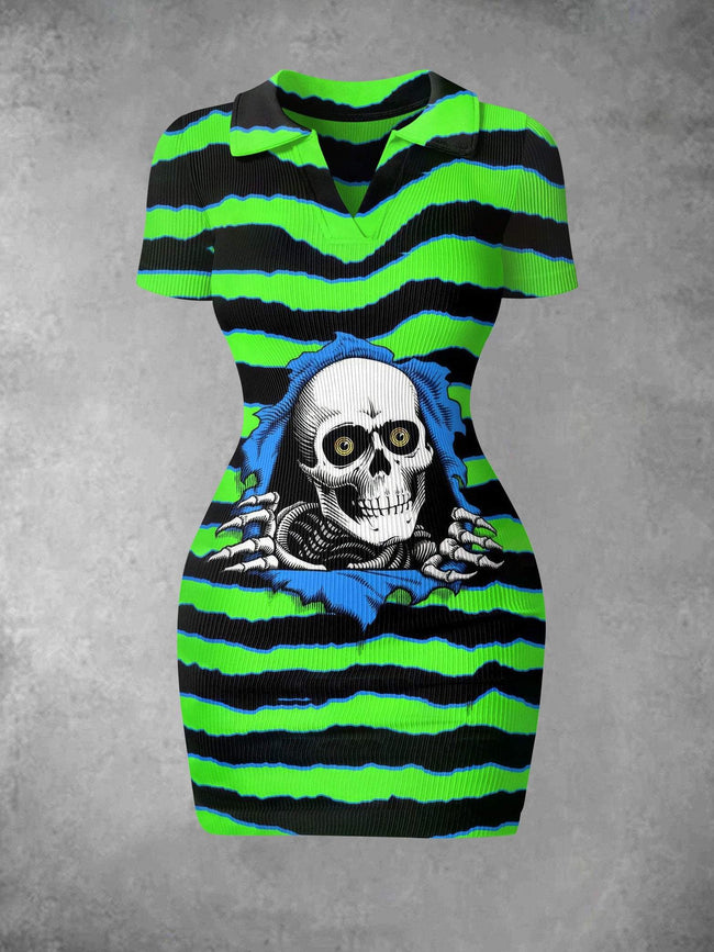 Women's Vintage Skull Probe Halloween Print Ribbed Bodycon Mini Dress