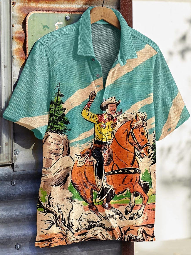 Vintage Cowboy Art Print Casual Knit Shirt