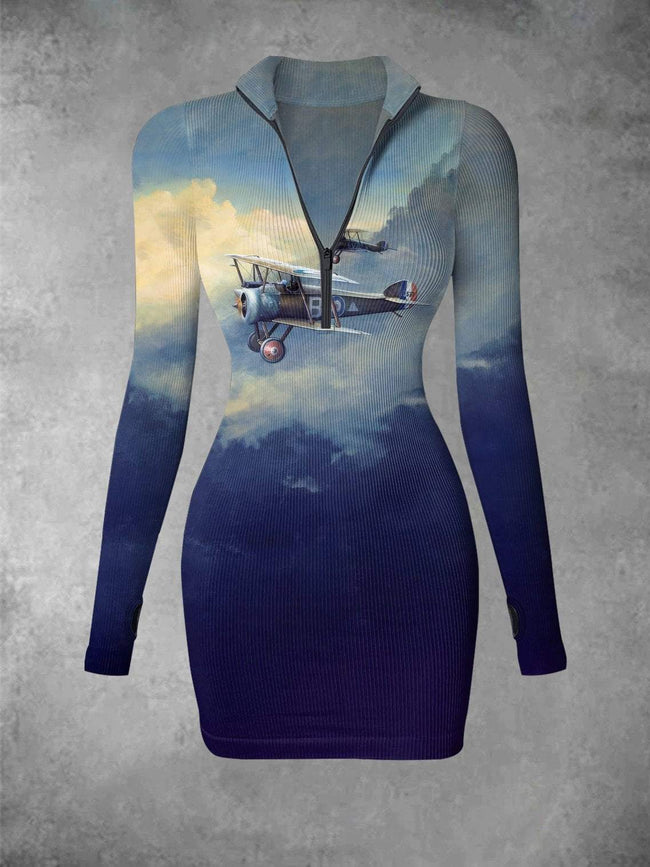 Retro Propeller Aircraft Art Print Ribbed Zip Front Long Sleeve Mini Dress