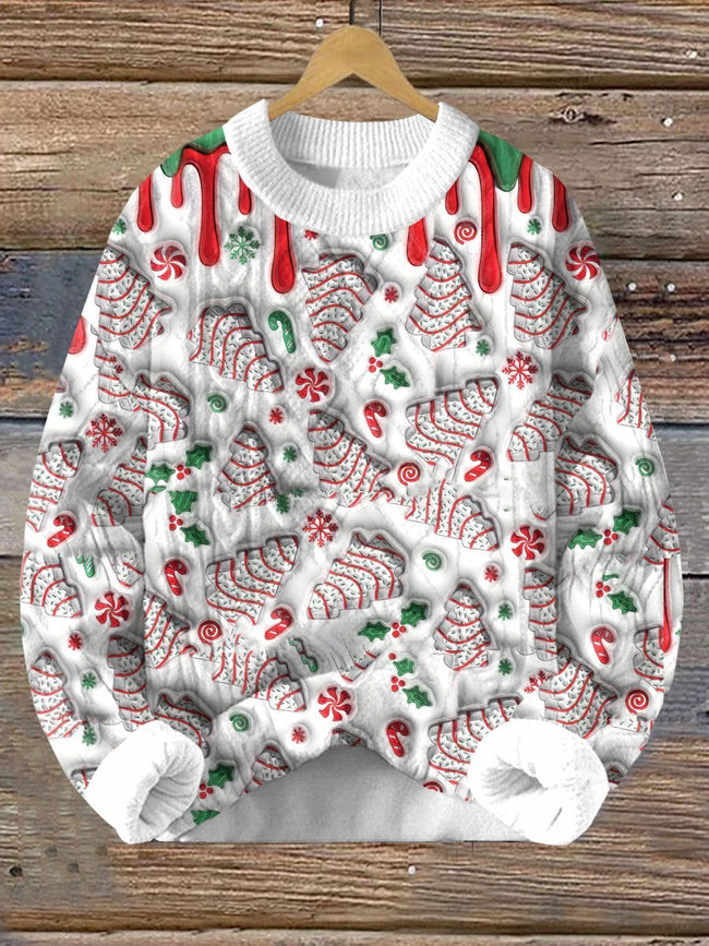 Vintage 3d Christmas Cake Print Knitted Woven Crewneck Pullover