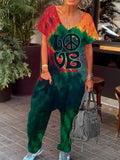 Women's Peace Love Symbol Hippie Art Print Casual 100% Cotton Wide Leg Jumpsuit