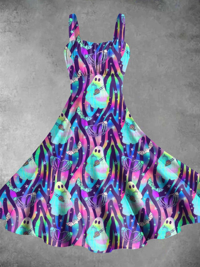 Vintage Neon Leopard Halloween Print Backless Dress