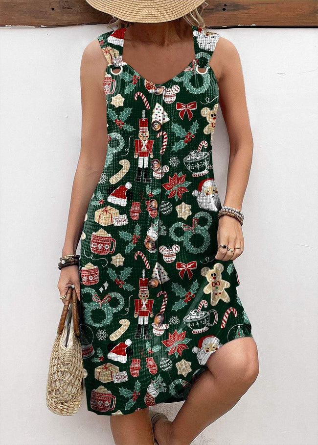 Vintage Christmas Collection Print Sleeveless V Neck Dress