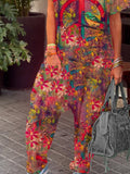 Women's Peace Symbol Bird Flower Hippie Art Print Casual 100% Cotton Wide Leg Jumpsuit