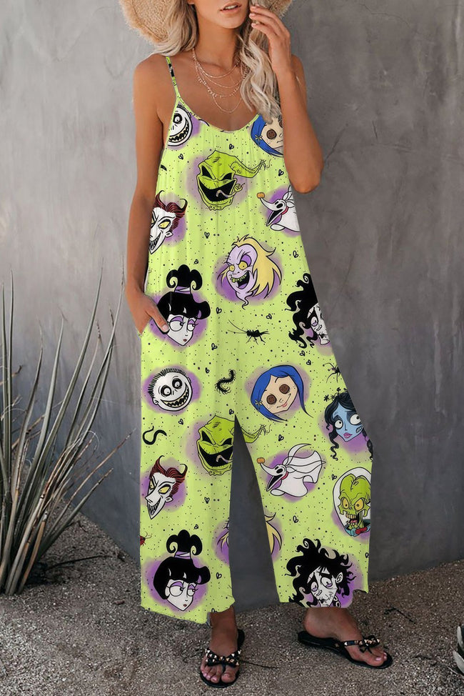 Vintage Halloween Nightmare Print Wide leg Jumpsuit with Pockets