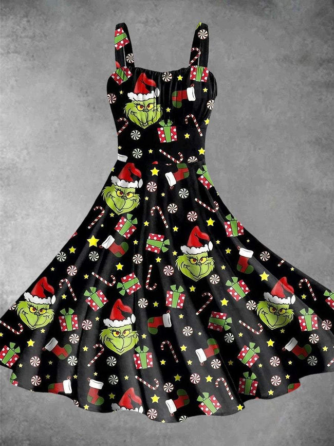 Vintage Christmas Print Backless Dress