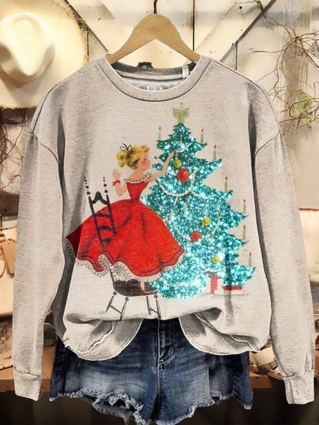 Women's Vintage Christmas Girl with Christmas Tree Print Casual Sweatshirt