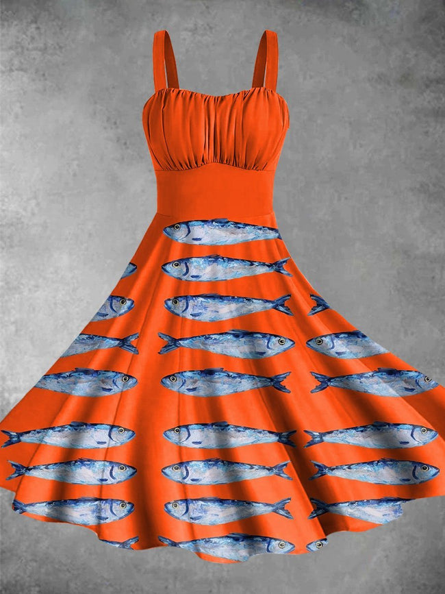 Vintage Sardines Print Backless Dress