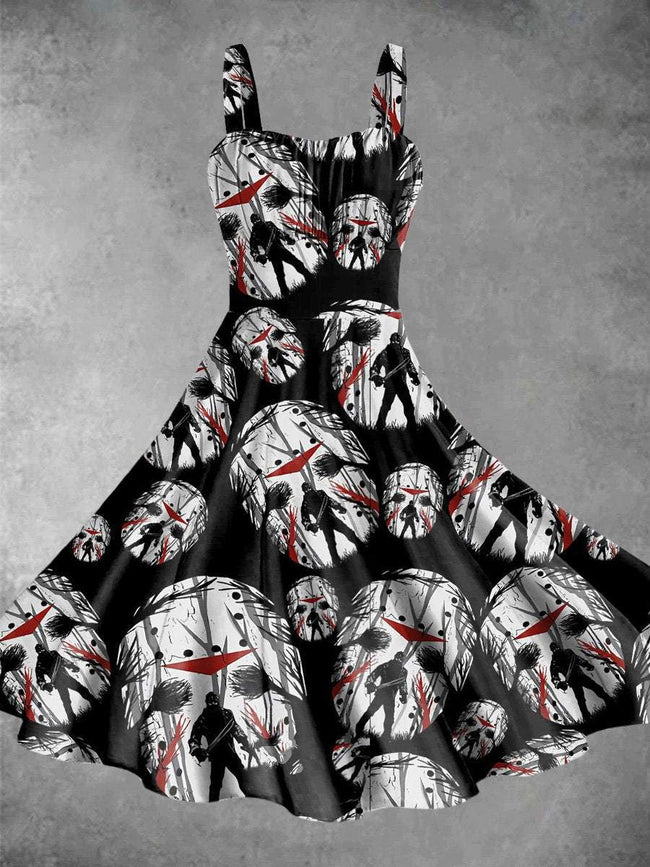 Vintage The Mask Killer Halloween Print Backless Dress