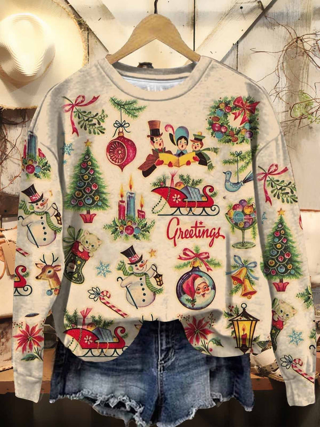 Women's Christmas Retro Pattern Print Casual Sweatshirt