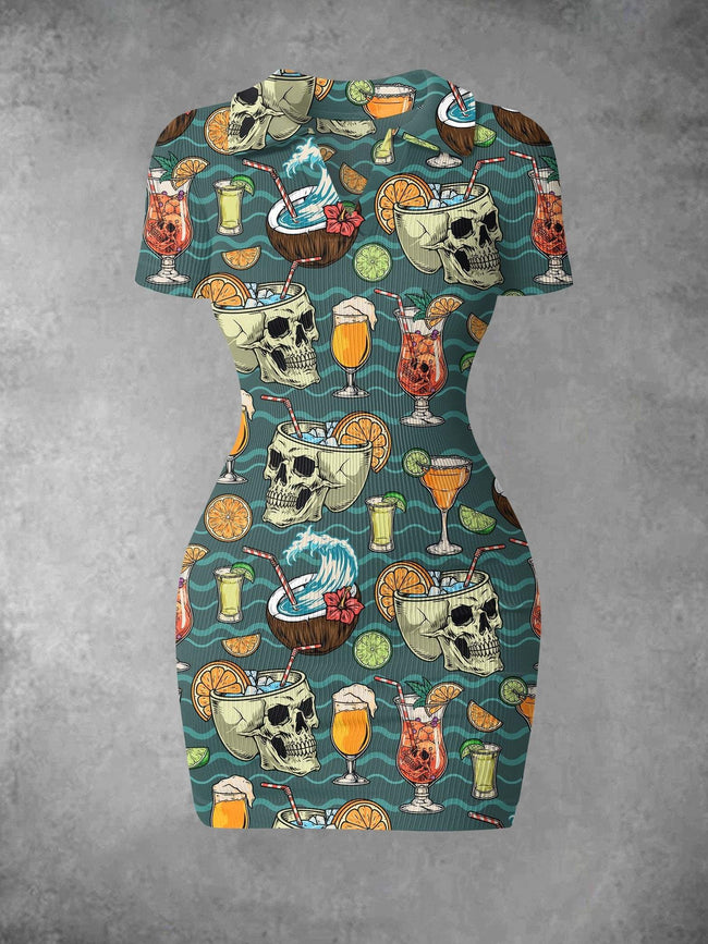 Women's Vintage Skull Cocktail Print Ribbed Bodycon Mini Dress