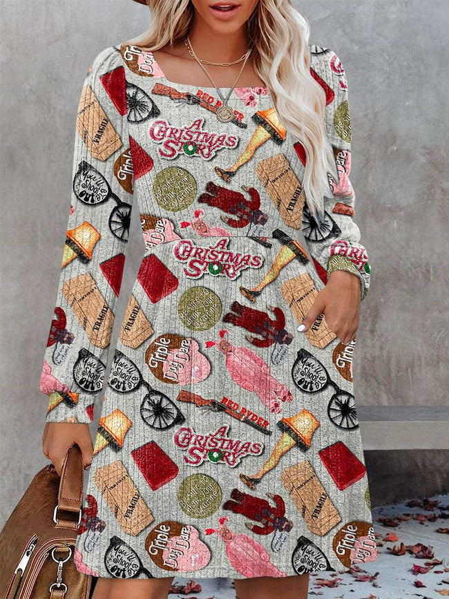 Vintage Funny Christmas Movies Print Knit Sweater Dress with Pockets