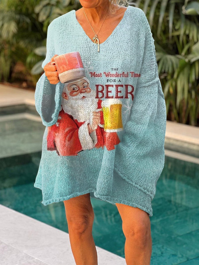 Vintage Santa Beer Print Casual Pullover Sweater