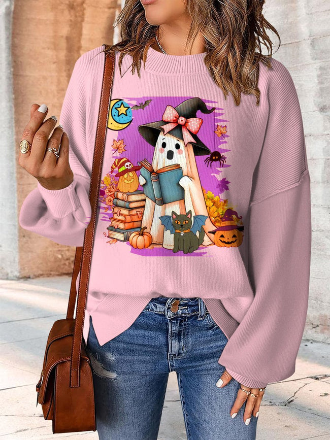 Cute Ghost Print Casual Knit Pullover Sweater