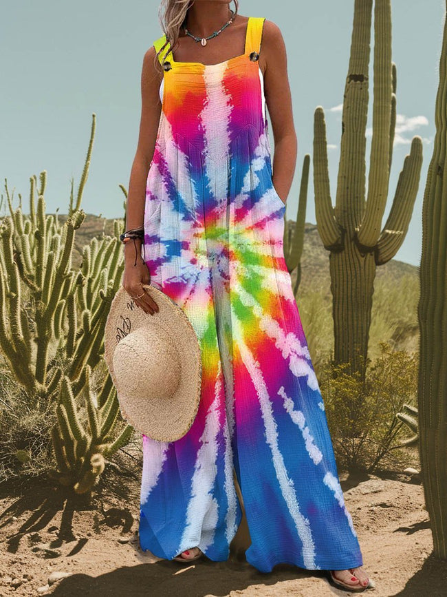Women's Colorful Hippie Tie Dye Print Casual Strap Wide Leg Pants Jumpsuit