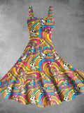 Vintage Colourful Hippie Cartoon Print Backless Dress