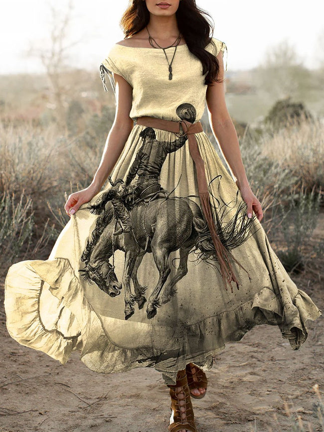 Women's Vintage Wild West Cowboy Horse Art Print Pocket Cotton Dress
