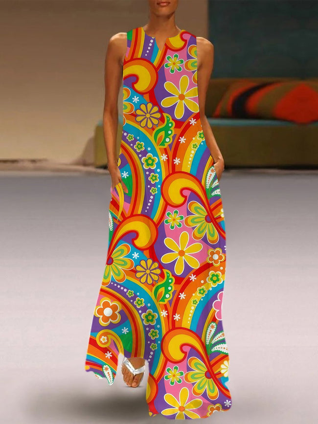 Vintage Colorful Hippie Print V-Neck Maxi Dress