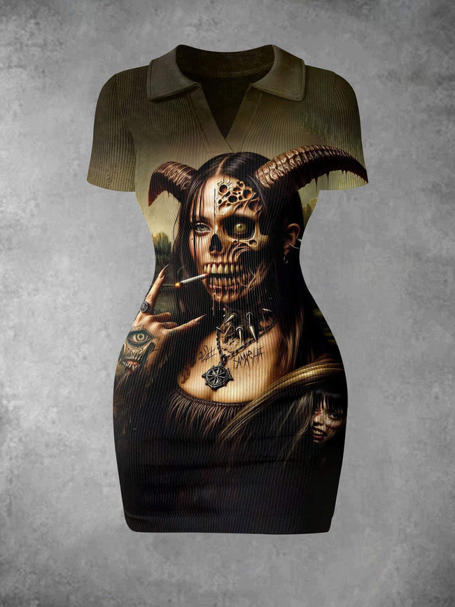 Women's Vintage Skull Dark Art Illustration Halloween Print Ribbed Bodycon Mini Dress