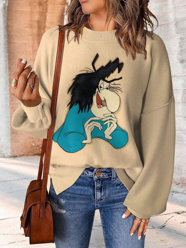 Vintage Witch Print Casual Knit Pullover Sweater