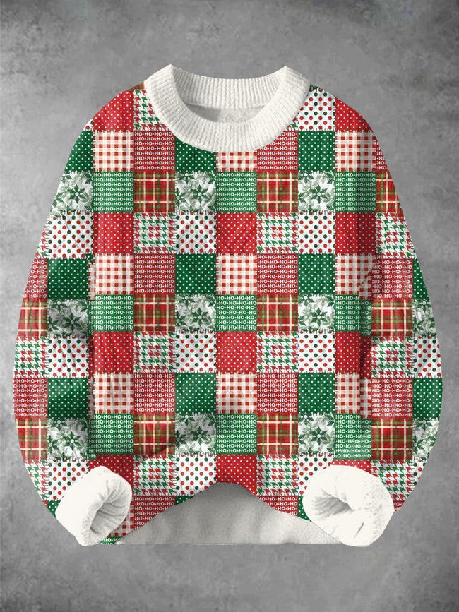 Vintage Christmas Gift Spelling Print Knitted Woven Crewneck Pullover