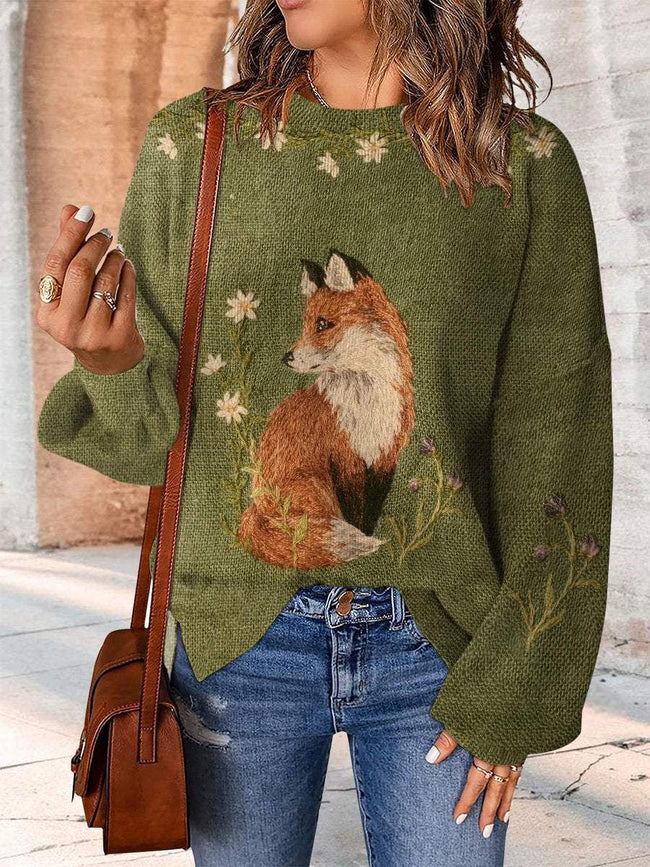 Colorful Cute Embroidery Fox Print Casual Knit Pullover Sweater