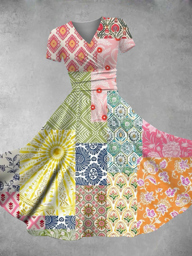 Women's Retro Hippie Color Block Print Maxi Dress