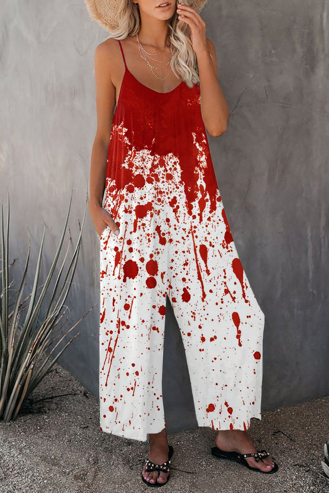 Vintage Halloween Blood Print Wide leg Jumpsuit with Pockets