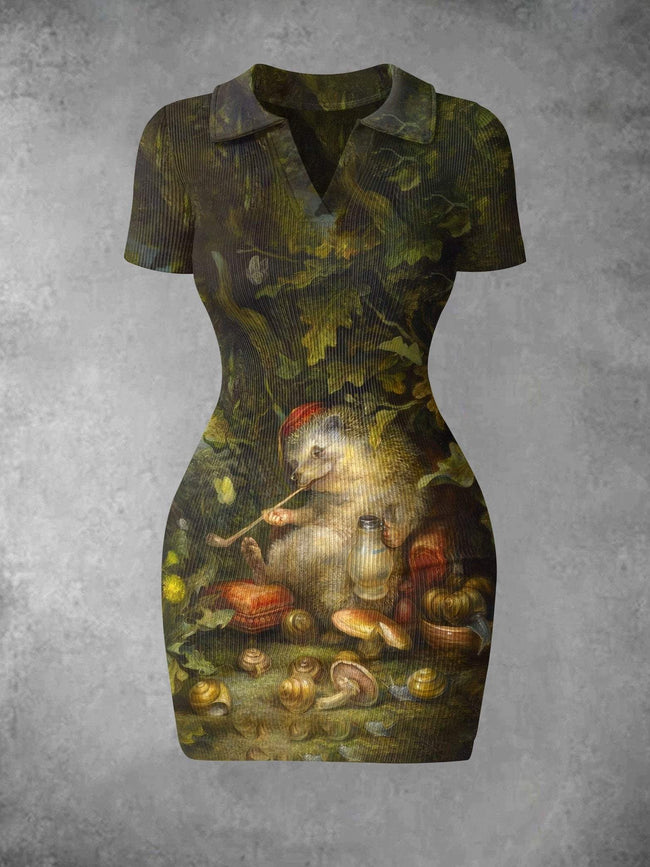 Women's Vintage Mouse Smoking Print Ribbed Bodycon Mini Dress