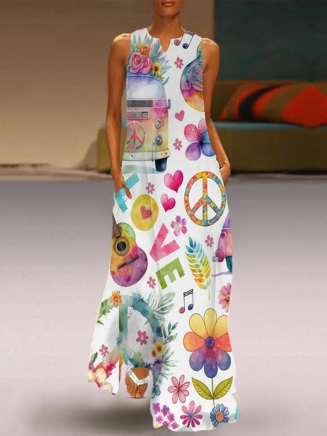 Peace And Love Floral Print V-Neck Maxi Dress