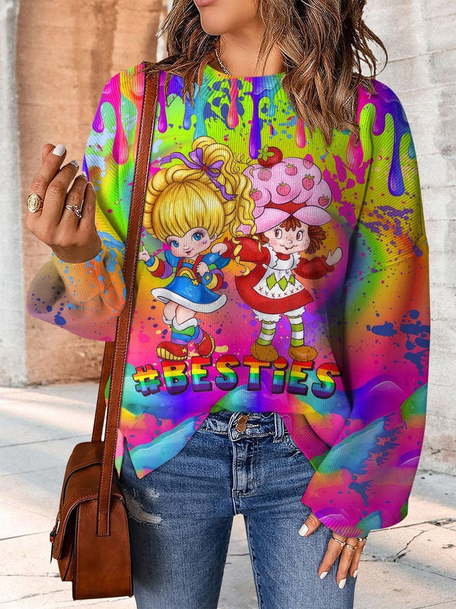 Colorful Rainbow Girl Print Casual Knit Pullover Sweater