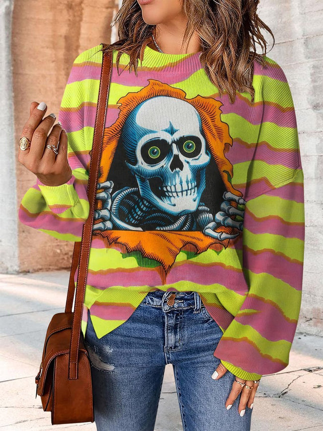 Colorful Skull Probe Halloween Print Casual Knit Pullover Sweater