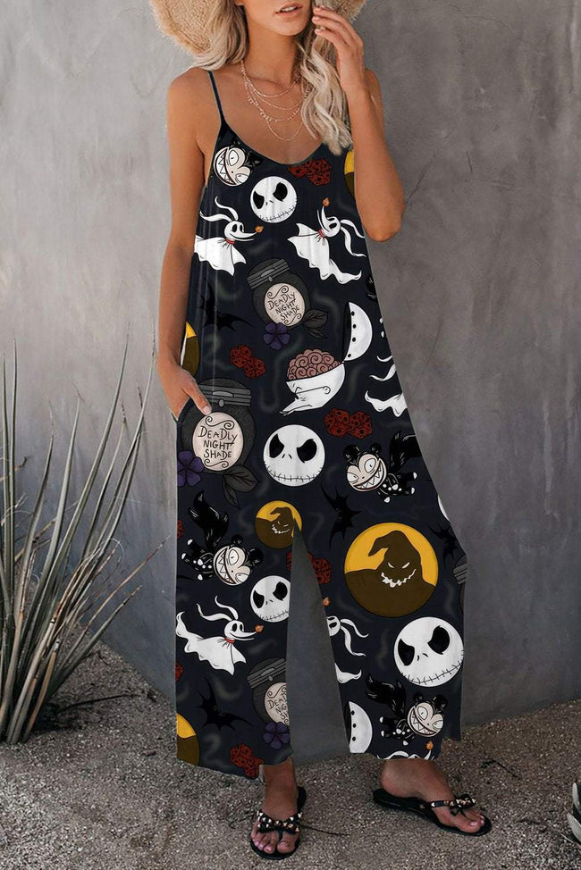 Vintage Halloween Nightmare Print Wide leg Jumpsuit with Pockets