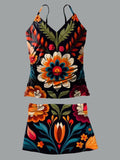 V-Neck Black Retro Ethnic Flowers Print Suspender Skirt Tankini Pantskirt Set Swimsuit
