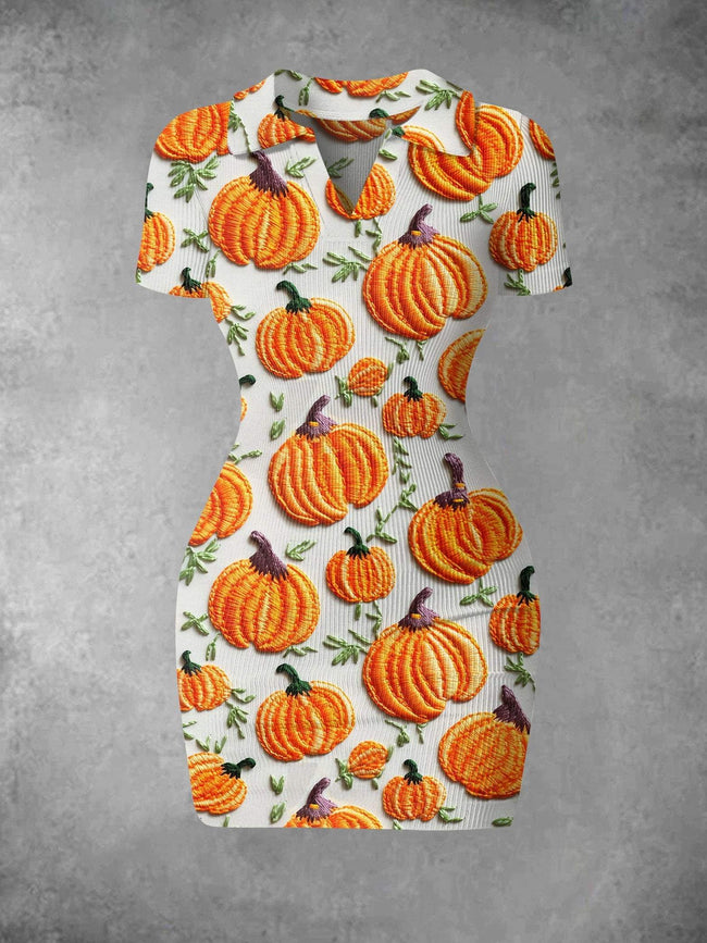 Women's Autumn Wool Pumpkin Print Ribbed Bodycon Mini Dress