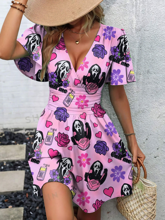 Vintage Halloween Scream Print Butterfly Sleeve V-Neck Waist Dress