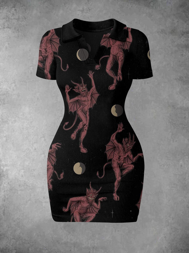 Women's Vintage Dancing Demon Print Ribbed Bodycon Mini Dress