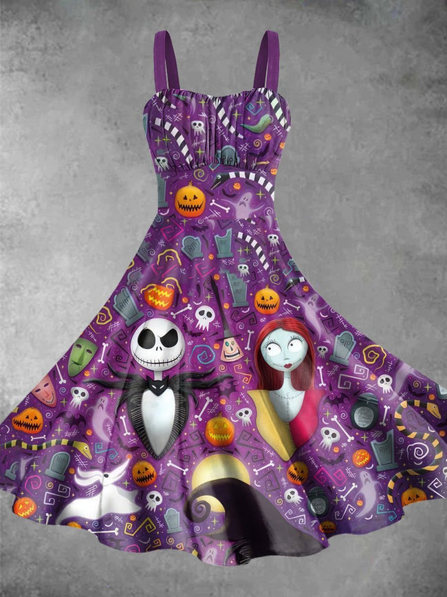 Vintage Jack and Sally Halloween Print Backless Dress