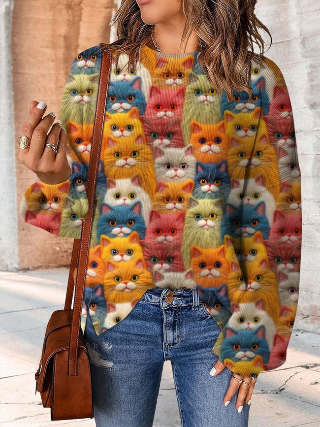 Colorful Cat Embroidery Print Casual Knit Pullover Sweater