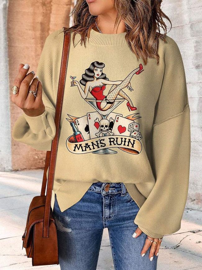 Lucky Girls Print Casual Knit Pullover Sweater