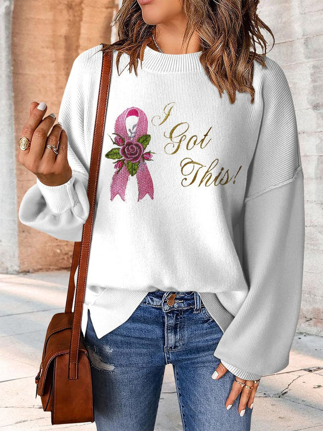 Breast Cancer Awareness Print Casual Knit Pullover Sweater