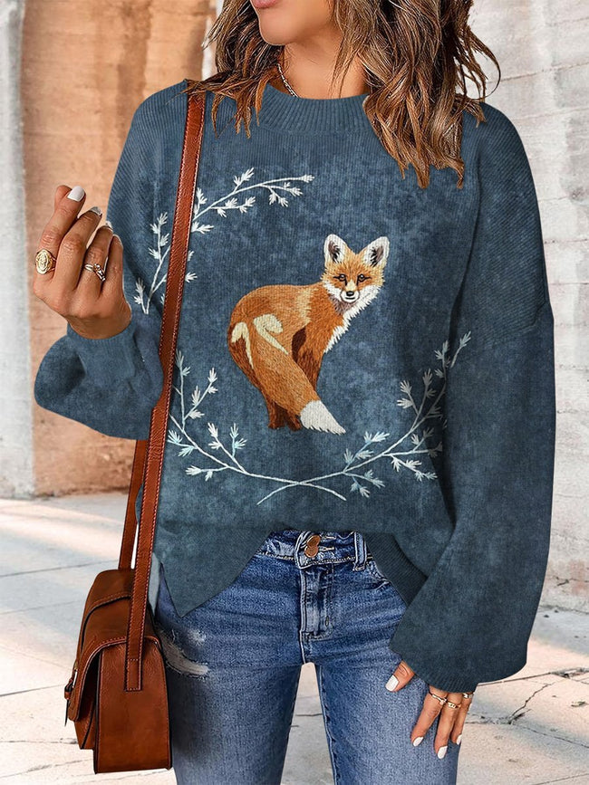 Colorful Cute Embroidery Fox Print Casual Knit Pullover Sweater