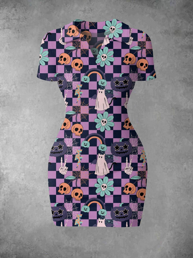 Women's Vintage Purple Lattice Ghost Halloween Print Ribbed Bodycon Mini Dress