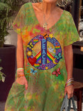 Women's Peace Symbol Hippie Art Print Casual 100% Cotton Wide Leg Jumpsuit